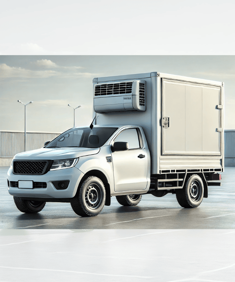 A refrigerated truck parked outdoors.